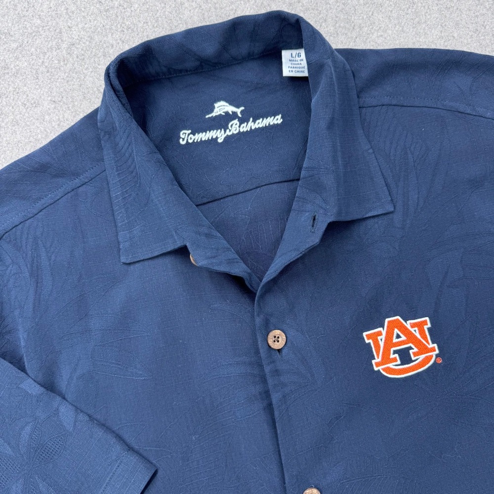 Tommy Bahama Auburn Tigers Mens Large Navy Blue Silk Camp Shirt Jacquard Print